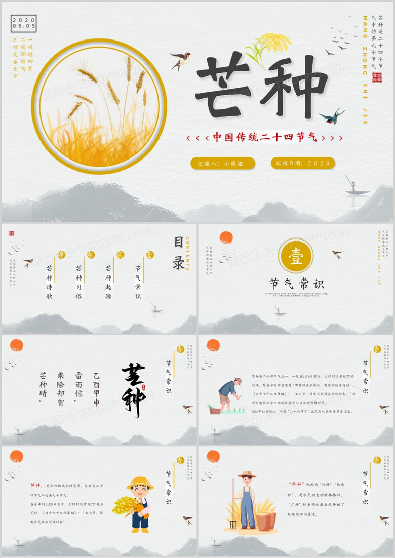插画中国风中国二十四节气芒种宣传PPT模板