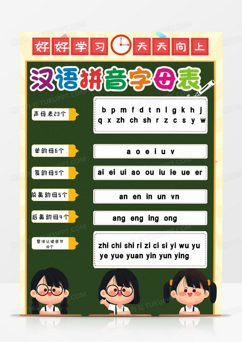 绿色黑板手绘简约可爱汉语拼音字母表模板