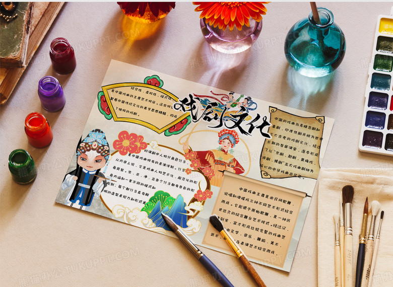 古风简约手绘戏剧文化手抄报小报word模版