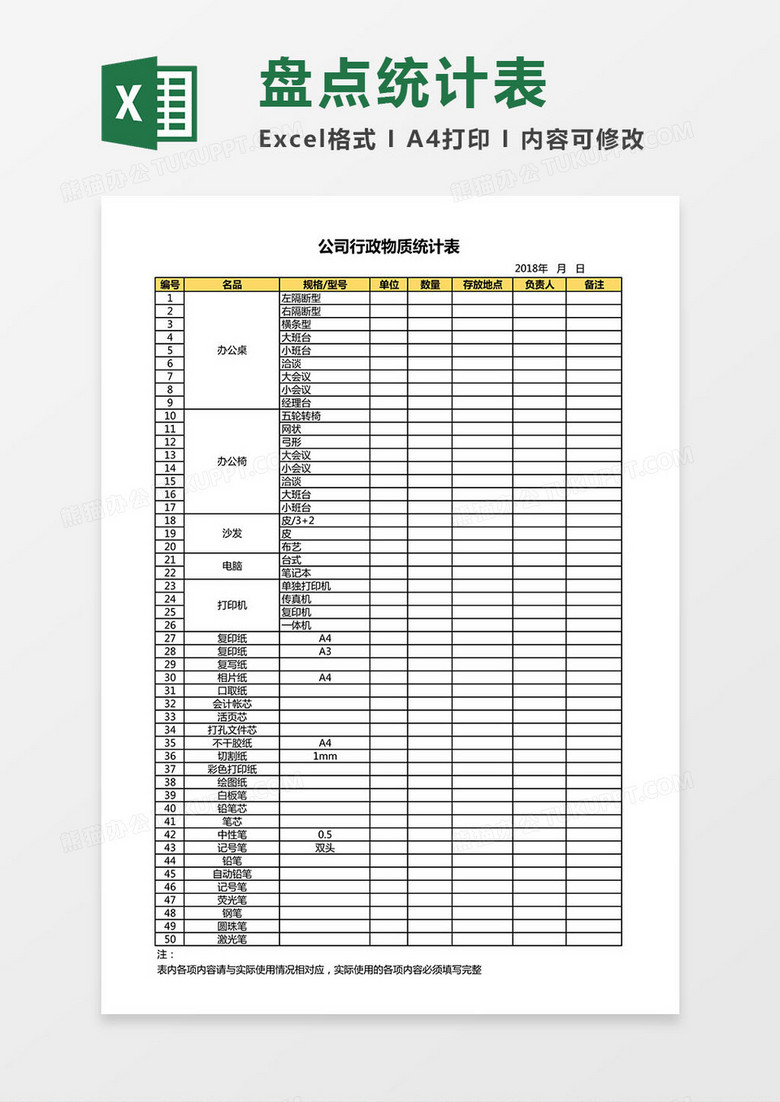 物资、办公用品盘点统计（报告）表Excel模板