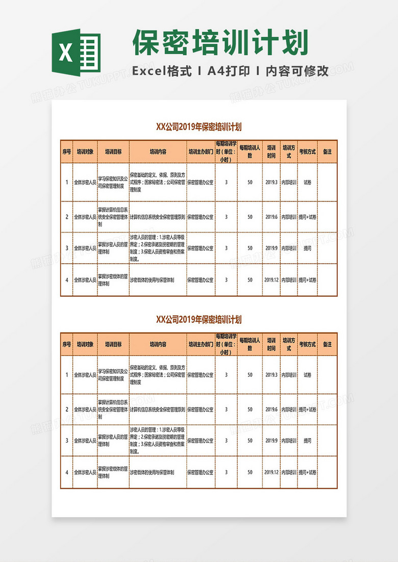 保密培训计划Excel模板