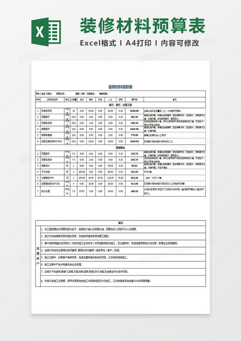 装修材料预算表excel模板