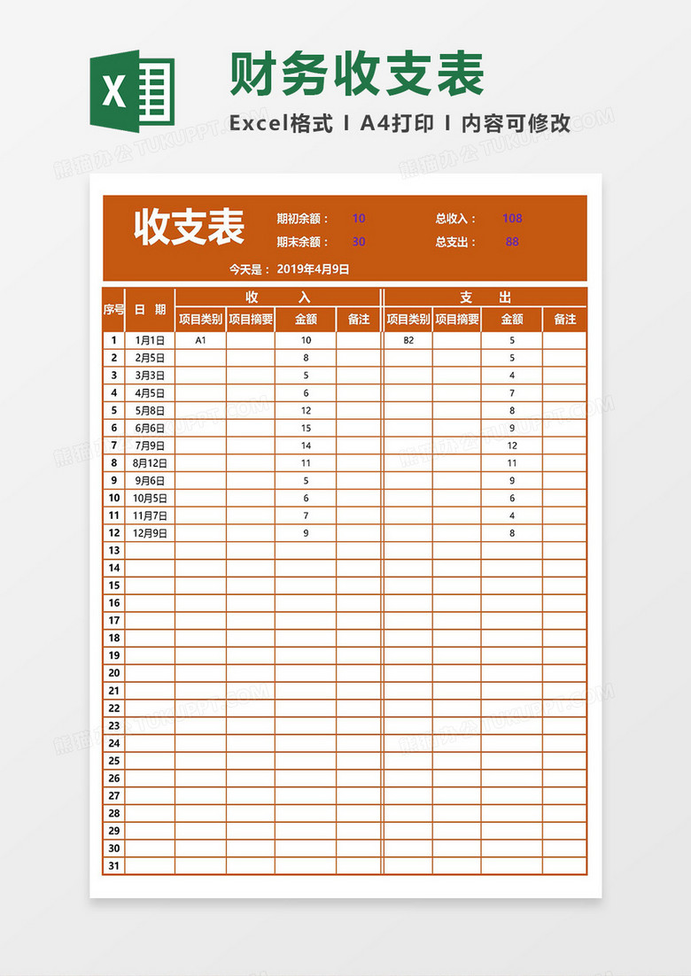 实用财务收支表（自动生成柱状图折线图）Excel模板