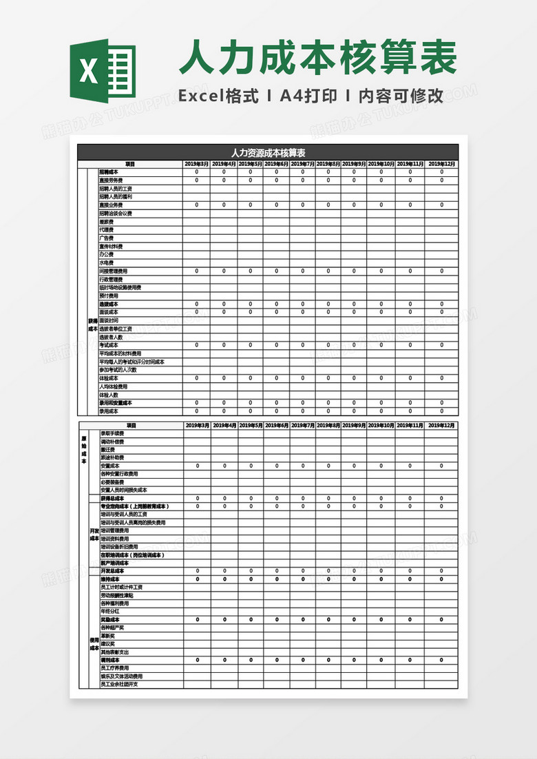 人力资源成本核算表Excel模板