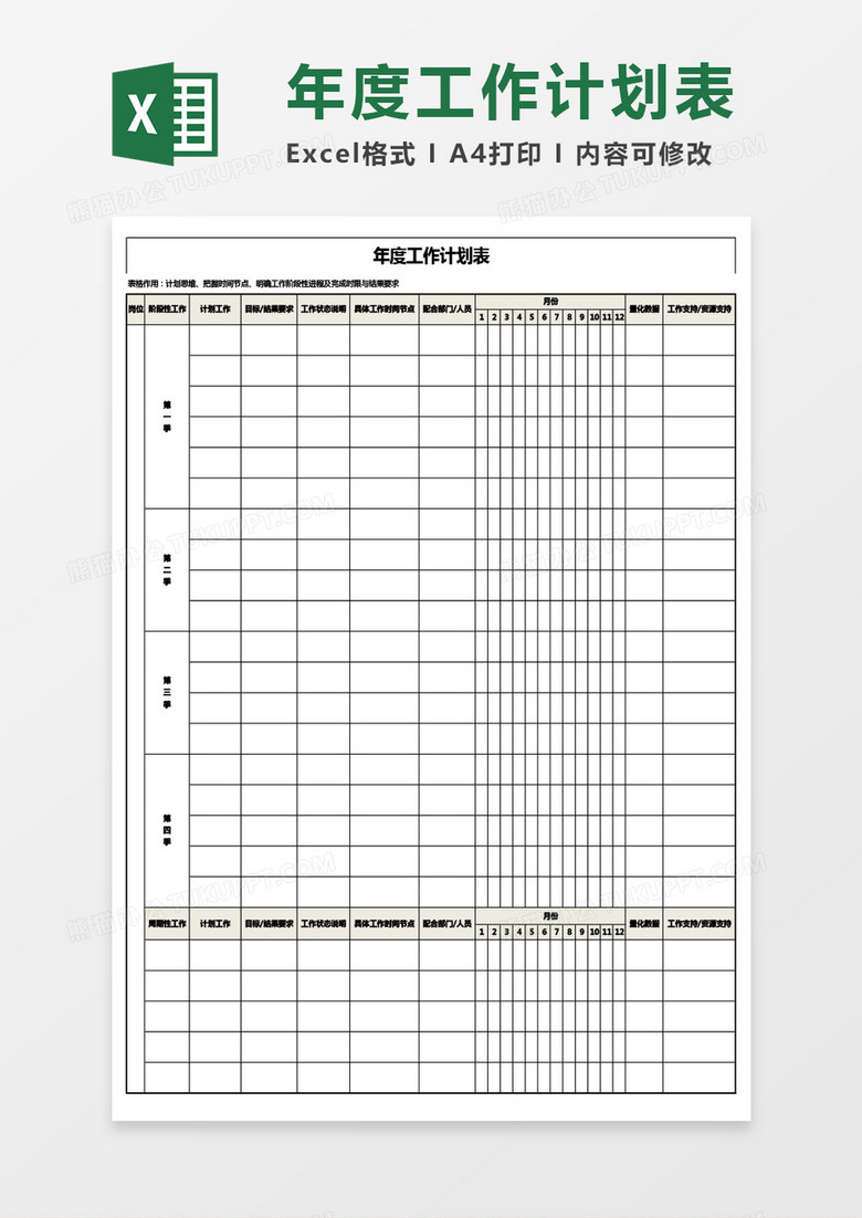 岗位年度工作计划表（分季度）Excel模板