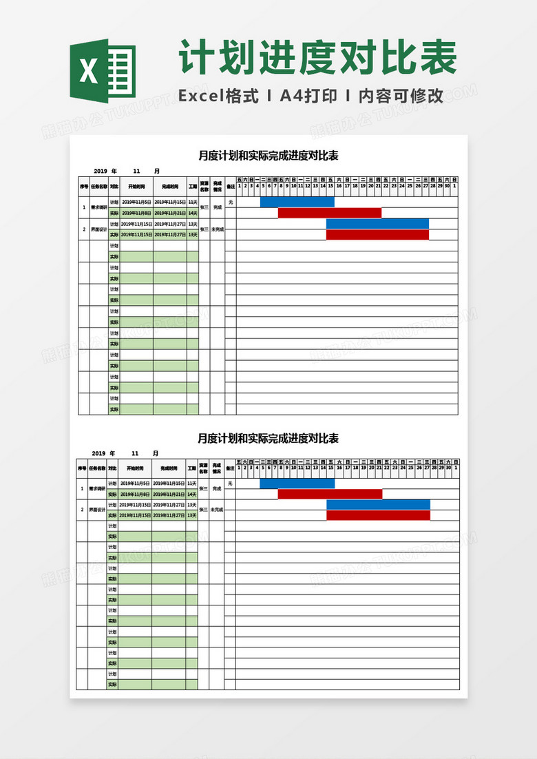 月度计划和实际完成进度对比表（自动生成）Excel模板