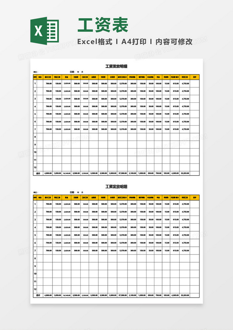 公司员工工资发放明细表Excel模板