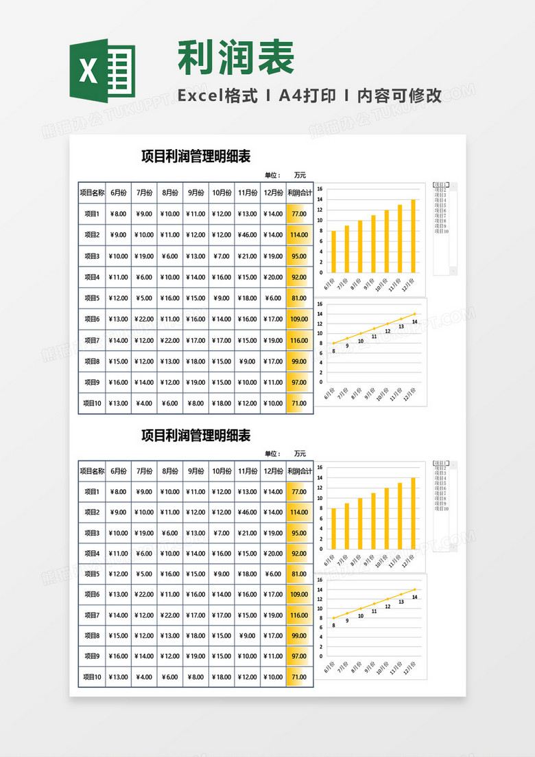 项目利润管理明细表（自动生成图表，可查询）Excel模板