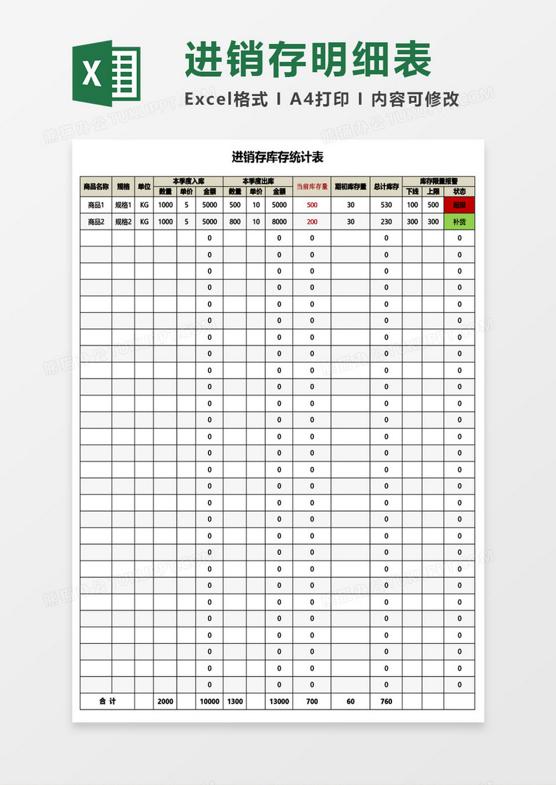 商品进销存库存统计表Excel模板