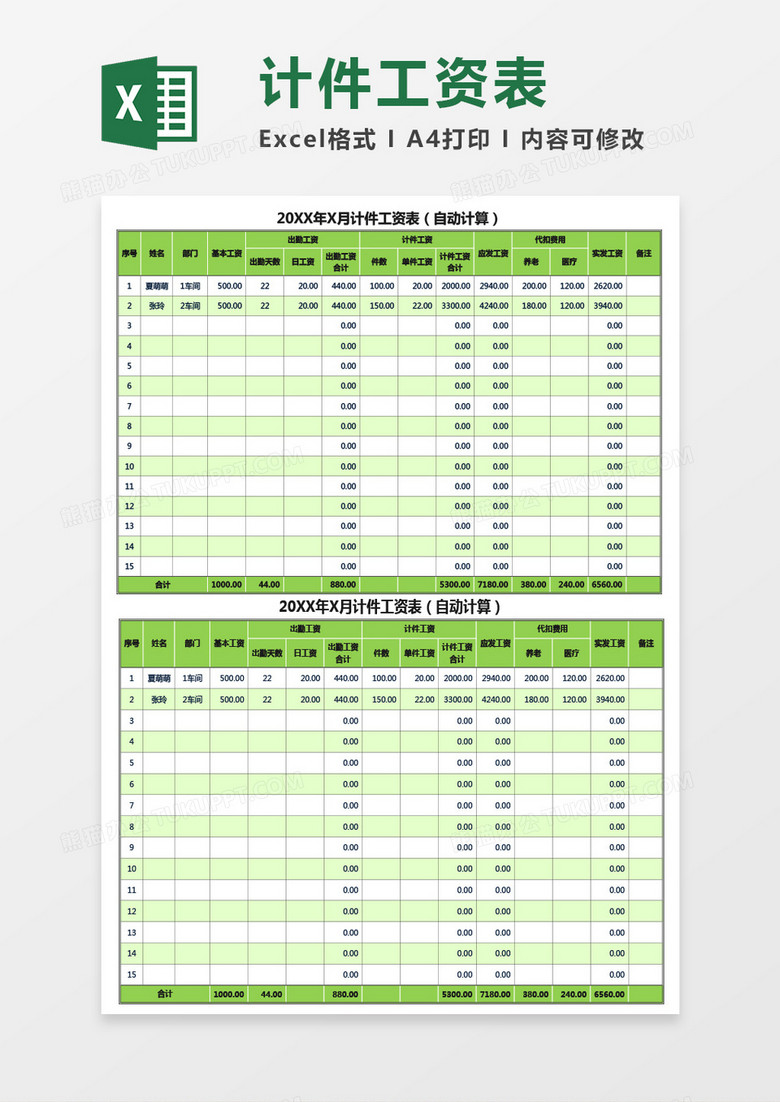 月计件工资表（自动计算）Excel模板