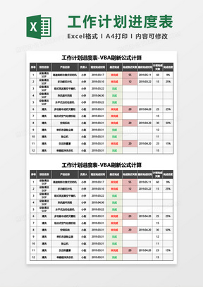 工作计划进度表-VBA刷新公式计算Excel模板