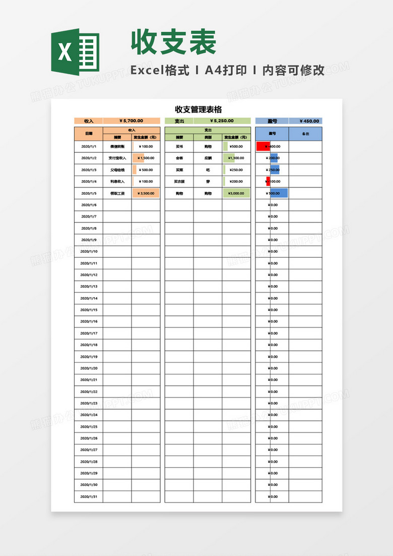收支管理表格Excel模板