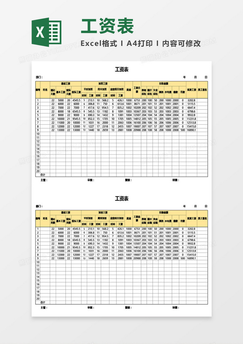 工资表（带公式自动计算）Excel模板