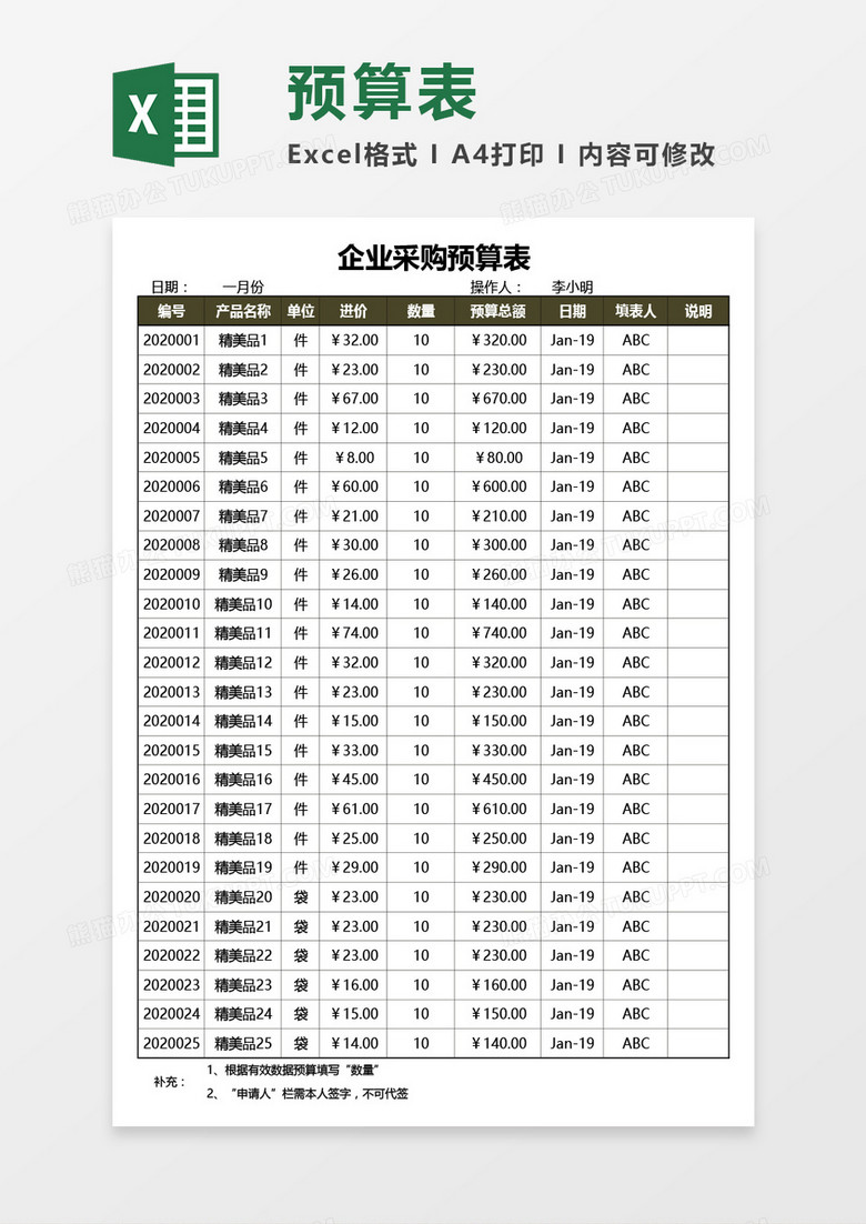 企业采购预算表Excel模板