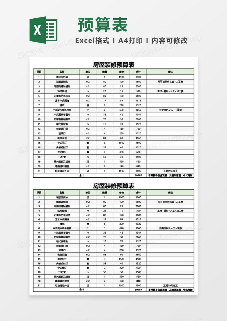 实用房屋装修预算表Excel模板