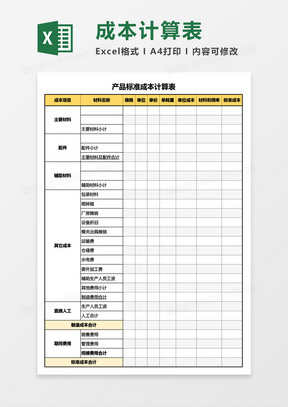 产品标准成本计算表Excel模板