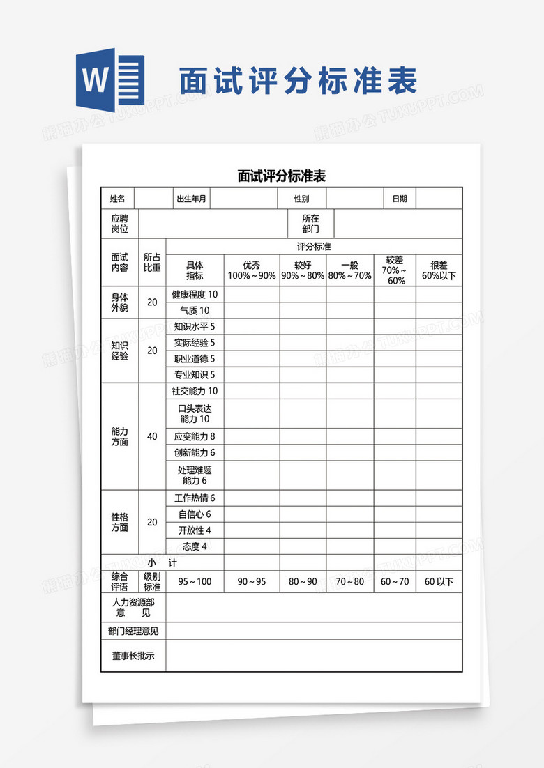 面试评分标准表word模板