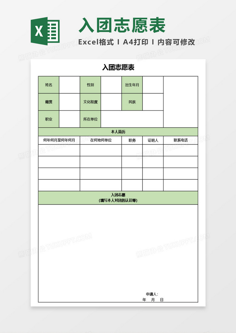 入团志愿表Excel模板