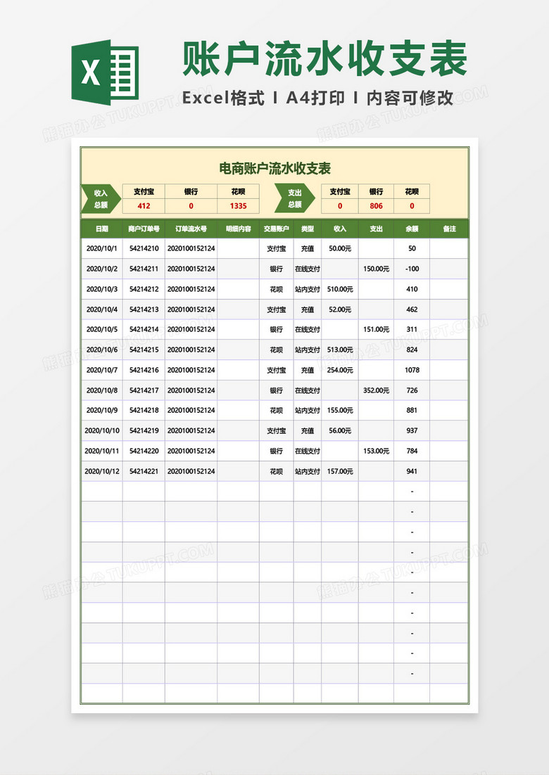 电商账户流水收支表excel模板下载_熊猫办公