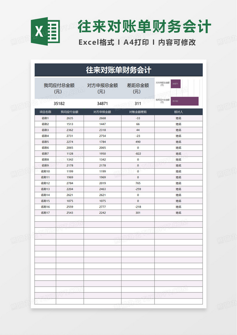 往来对账单财务会计excel模板