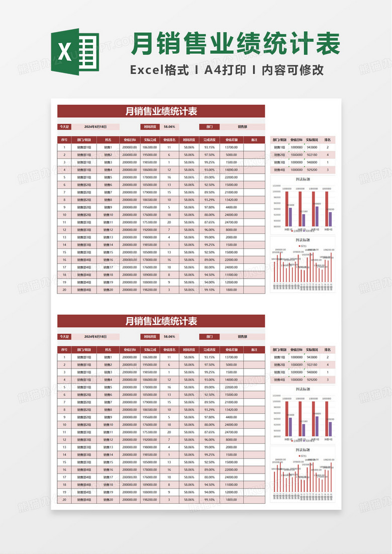 简洁商务月销售业绩统计表excel模板