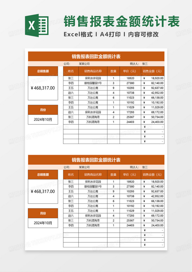 销售报表回款金额统计表excel模板