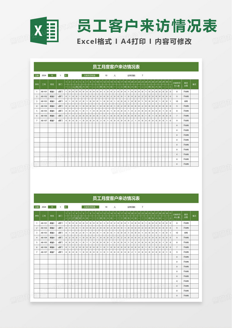 员工月度客户来访情况表excel模板