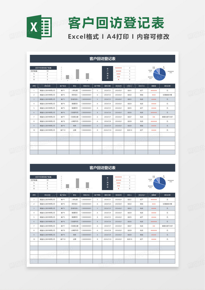 服务行业客户回访登记表excel模板