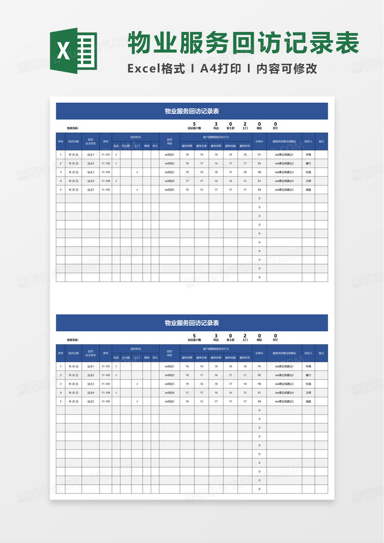 物业服务回访记录表excel模板