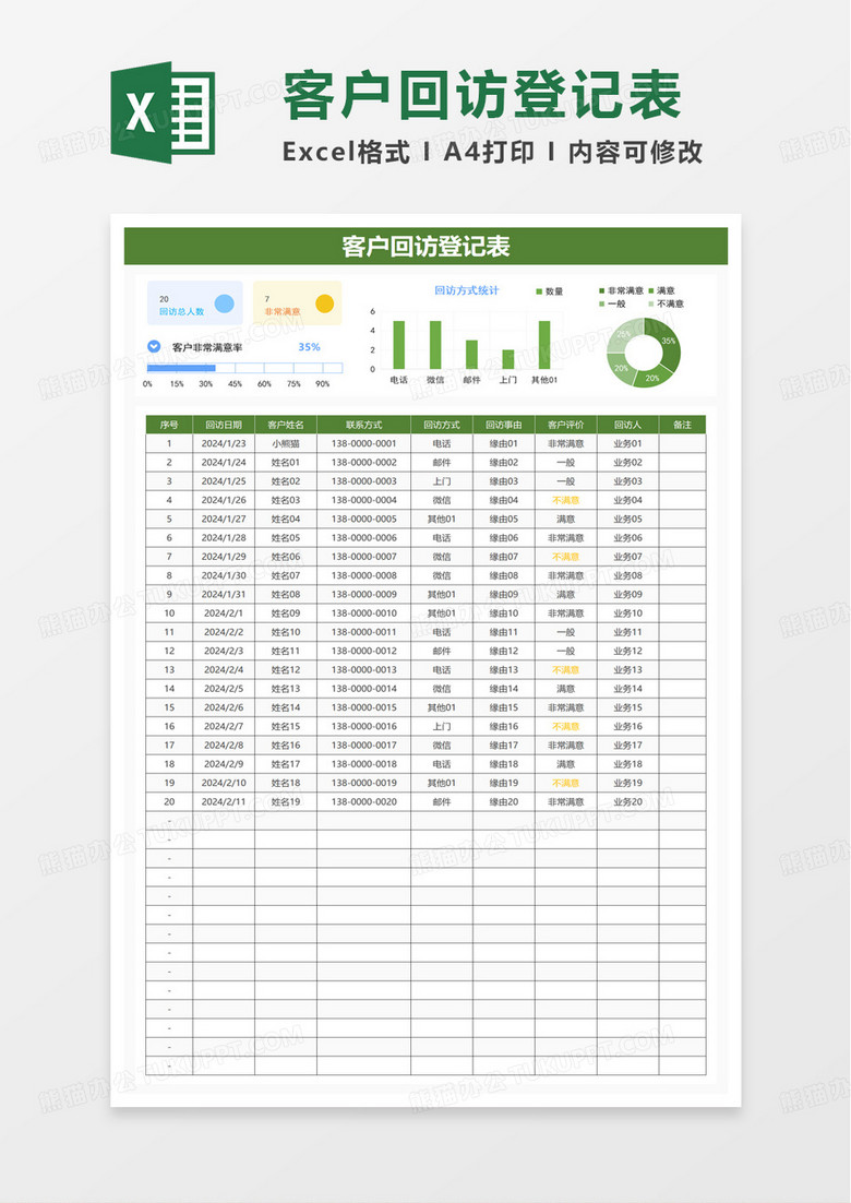 绿色简约风客户回访登记表excel模板