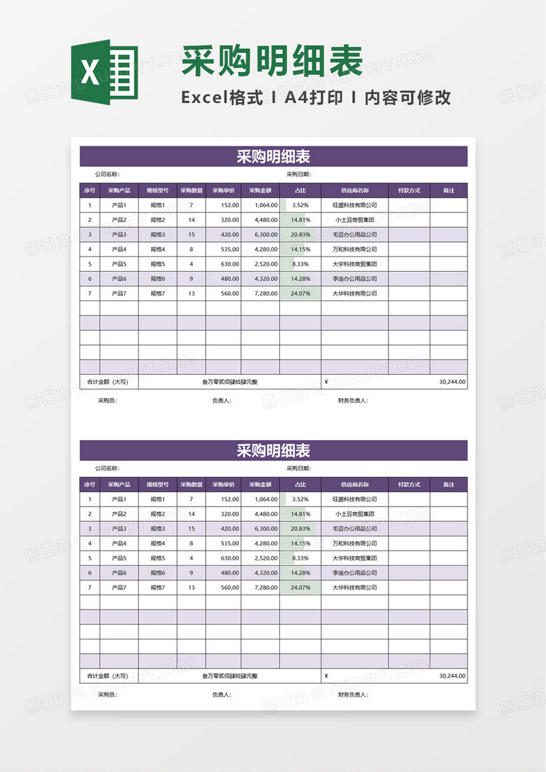 材料采购明细表excel模板