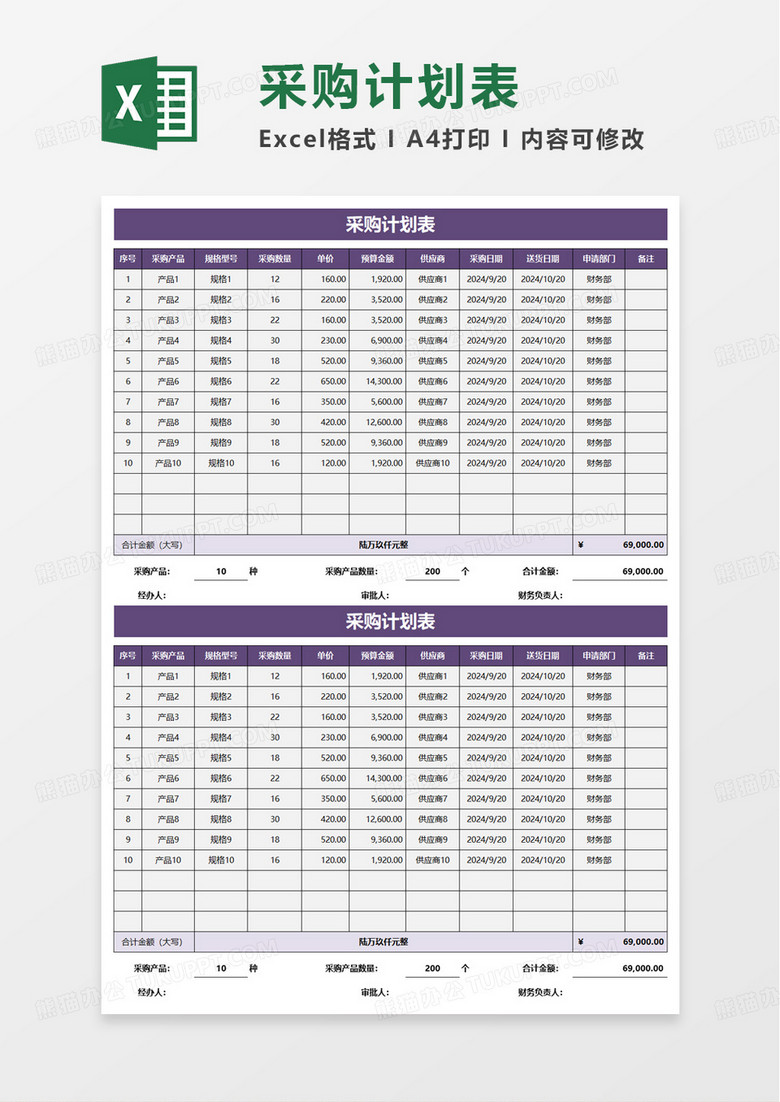 采购计划管理明细表excel模板
