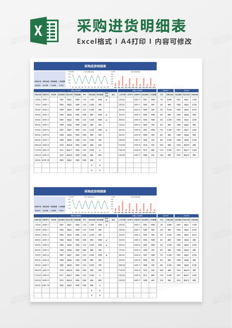 蓝色简洁采购进货明细表excel模板