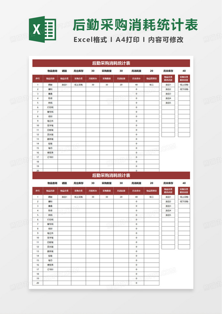 后勤采购消耗统计表excel模板