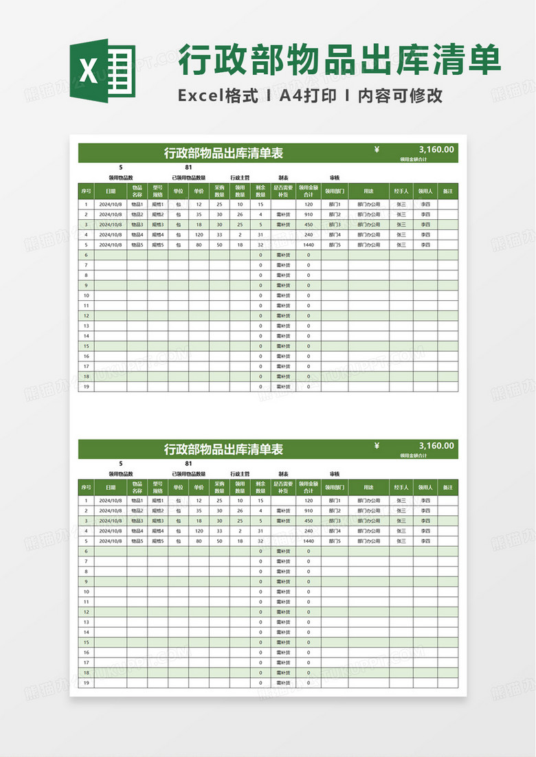 实用行政部物品出库清单表excel模板