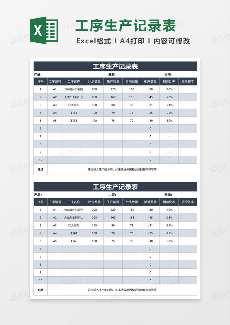 工序生产记录表excel模板