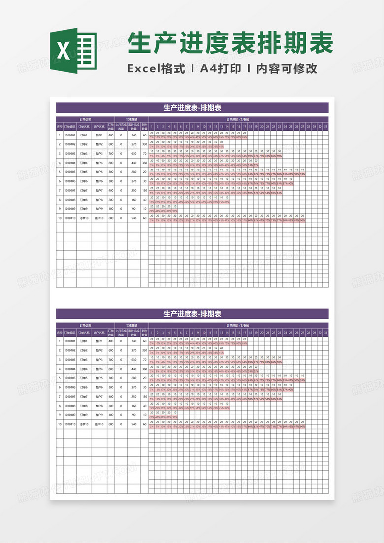 通用生产进度表excel模板