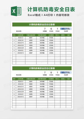 计算机防毒安全日志记录表excel模板