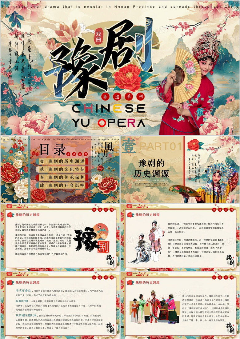 黄色古典中国风非遗系列之豫剧PPT模板
