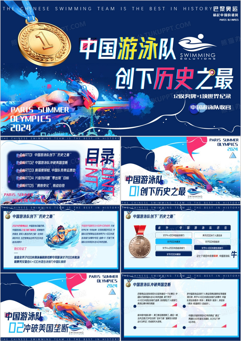 蓝色简约风中国游泳队创下历史之最PPT模板