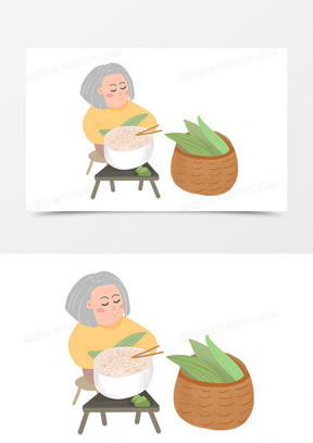 端午节慈祥老奶奶包粽子手绘卡通素材