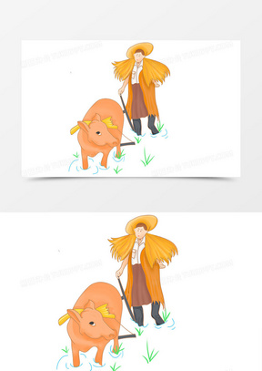 农夫牵着老黄牛耕地芒种插画素材772卡通 人物270蓝色农民霜降收获