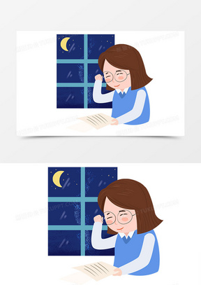 手绘教师节卡通老师批改卷子场景