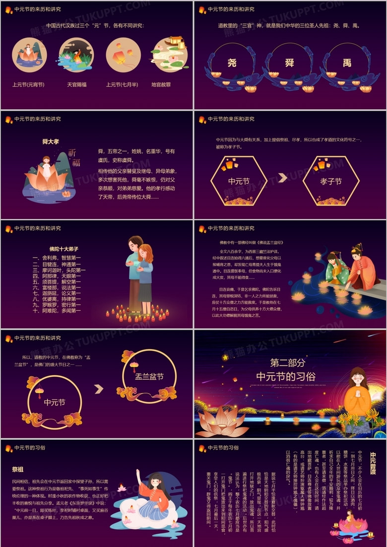 紫色卡通风中国传统节日中元节介绍ppt模板