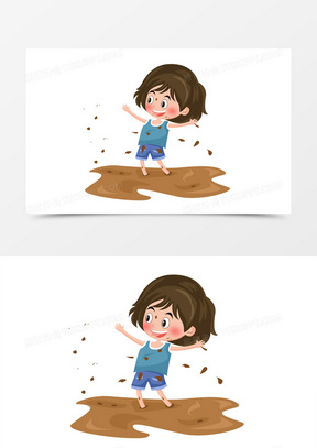 儿童节之手绘卡通玩泥巴的女孩子