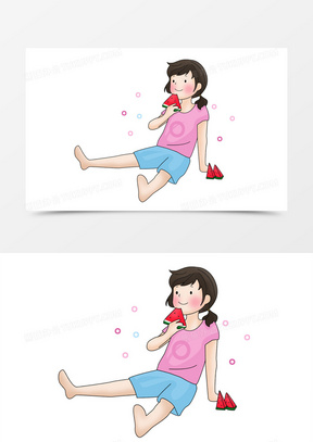 夏天之手绘卡通的女孩坐在地上吃西瓜