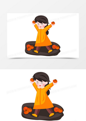 霜降之手绘卡通女孩捡起地上的柿子