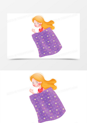 手绘卡通女孩盖着被子睡觉