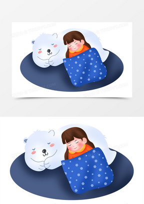 小寒之手绘卡通女孩躺在北极熊身上睡觉