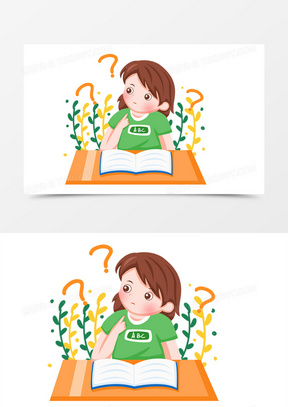 手绘卡通上课思考问题的女孩子